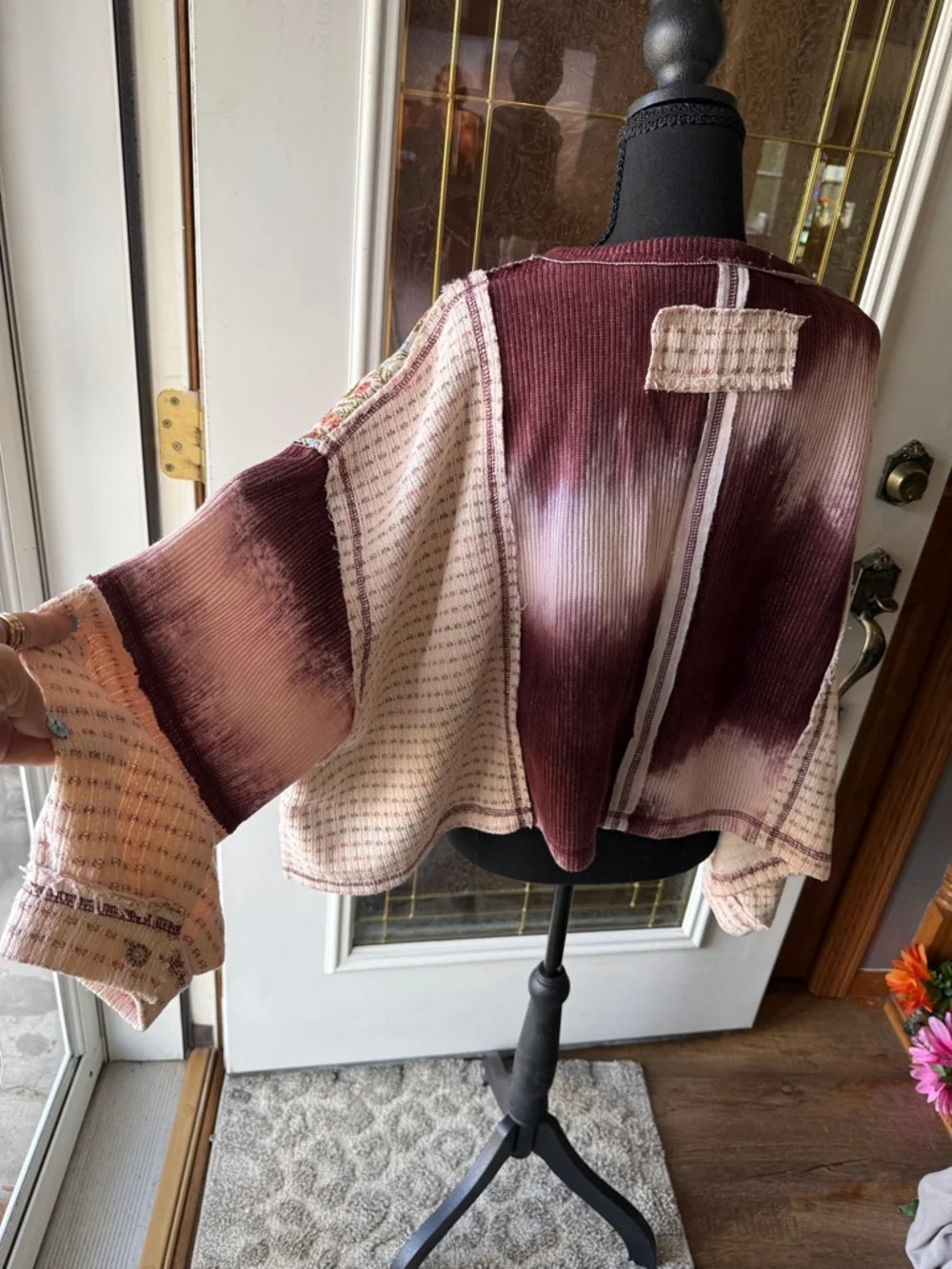 POL WILD BERRY/FLORAL  Cream Tie-Dye Patchwork button down long sleeve top - Picture 9 of 12